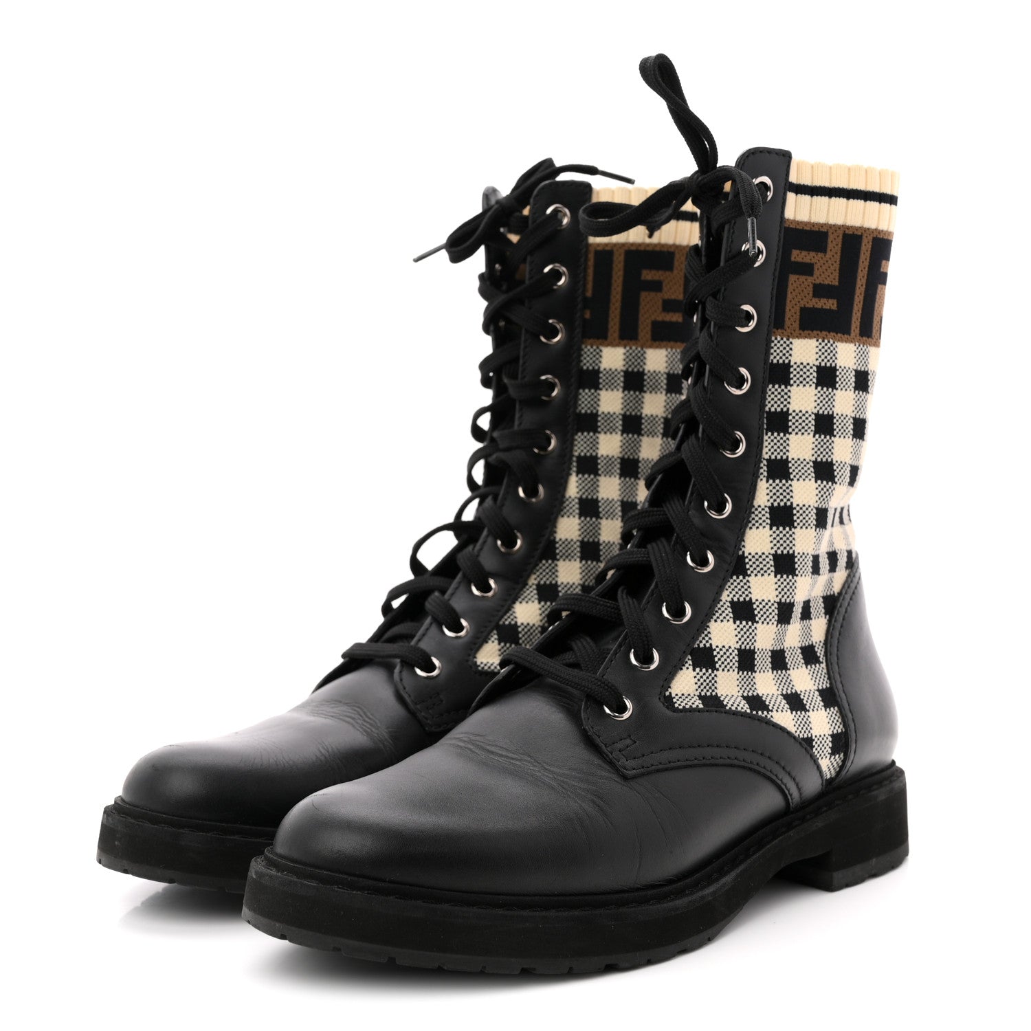 FENDI VITELLO FF VICHY ROCKOKO BIKER BOOT BLACK TOBACCO
