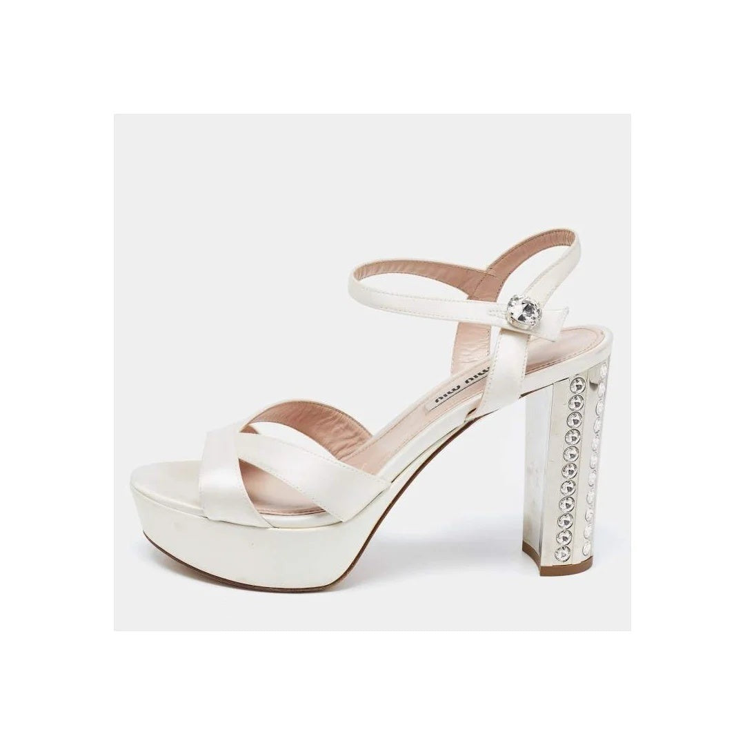 Miu Miu Patent Crystal Embellished Ankle Strap Sandal - White (satin platform variant)