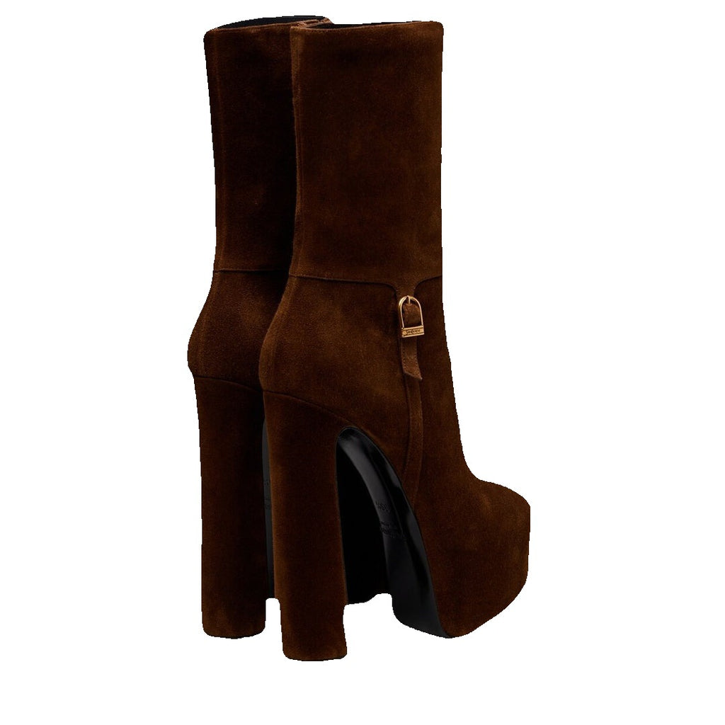 Saint Laurent Platform Block-Heel Lambskin Boots - Brown