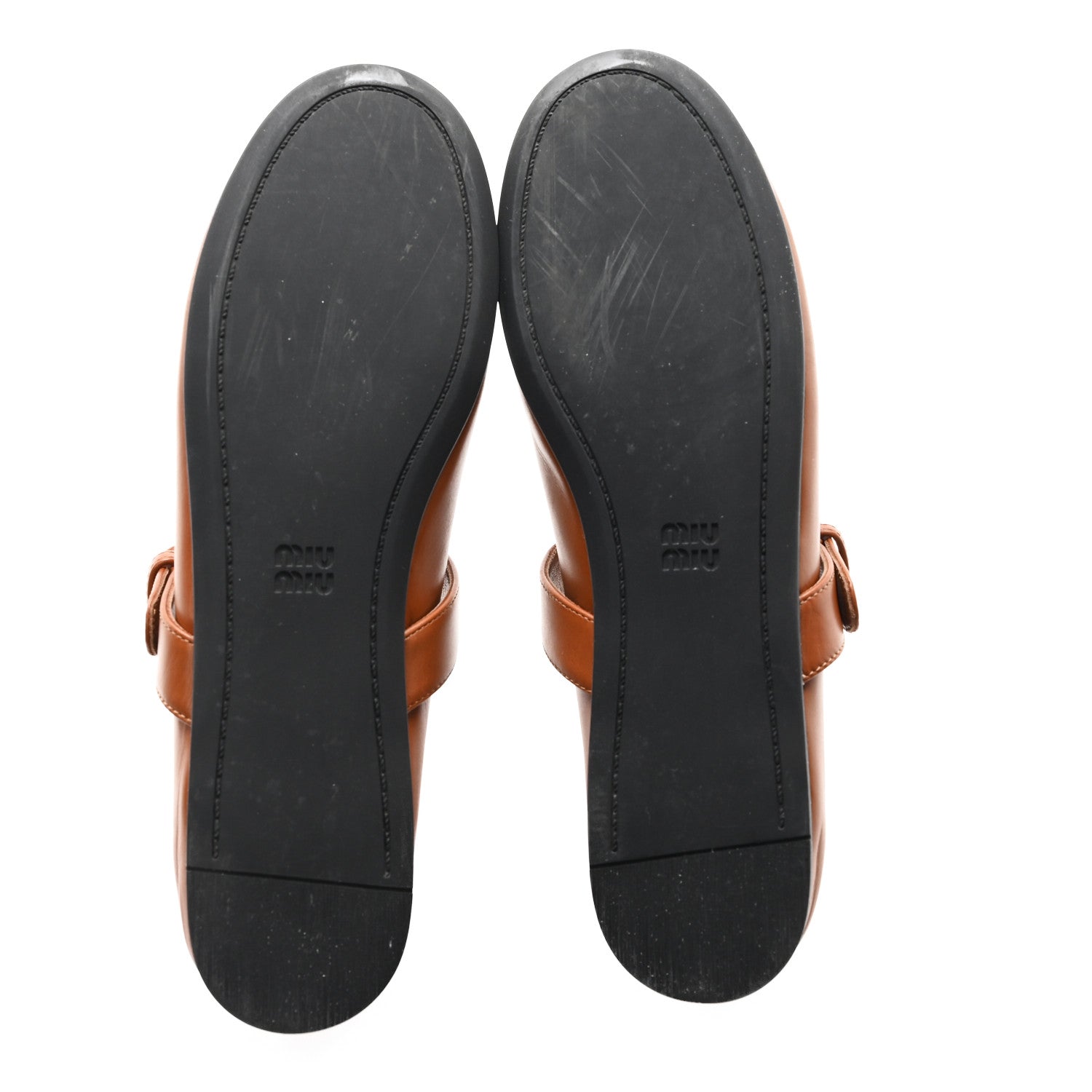 MIU MIU CALFSKIN MARY JANE BALLERINA FLAT COGNAC