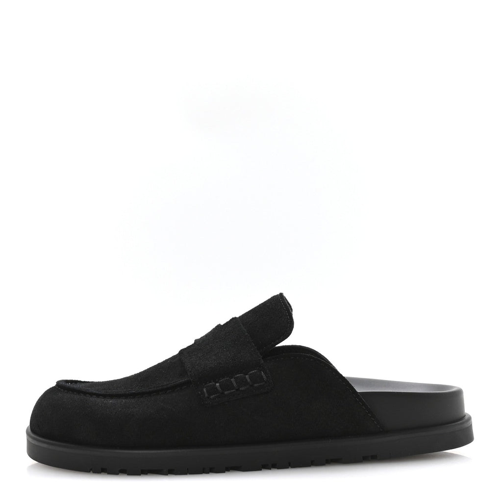 HERMÈS HERMES SUEDE CALFSKIN GO MULE BLACK WITH WHITE SHEARLING