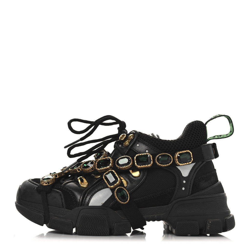 GUCCI FLASHTREK MESH CALFSKIN REMOVABLE CRYSTALS SNEAKERS SILVER