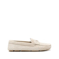 Prada Suede Shearling Triangle Logo Lug Sole Mules - Cream