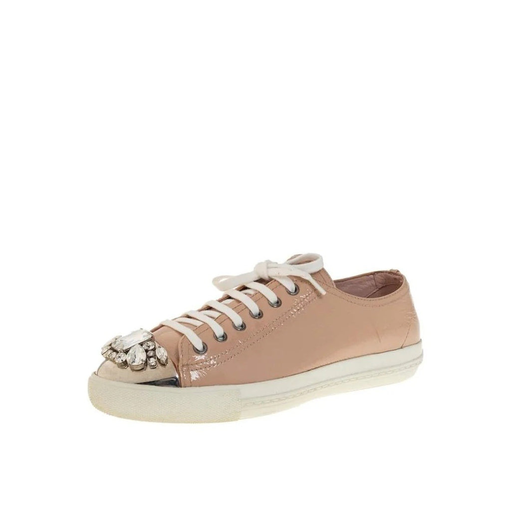Miu Miu Patent Crystal Low Top Platform Sneaker - Beige/Pink
