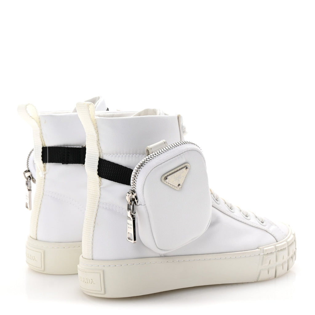 PRADA RE-NYLON GABARDINE TRIANGLE LOGO DOUBLE WHEEL SNEAKERS WHITE