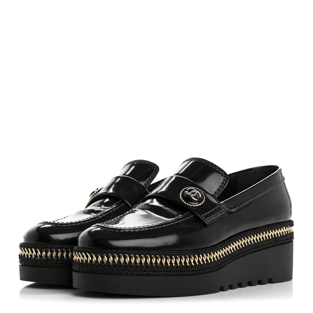 CHANEL CALFSKIN CC PLATFORM LOAFERS BLACK