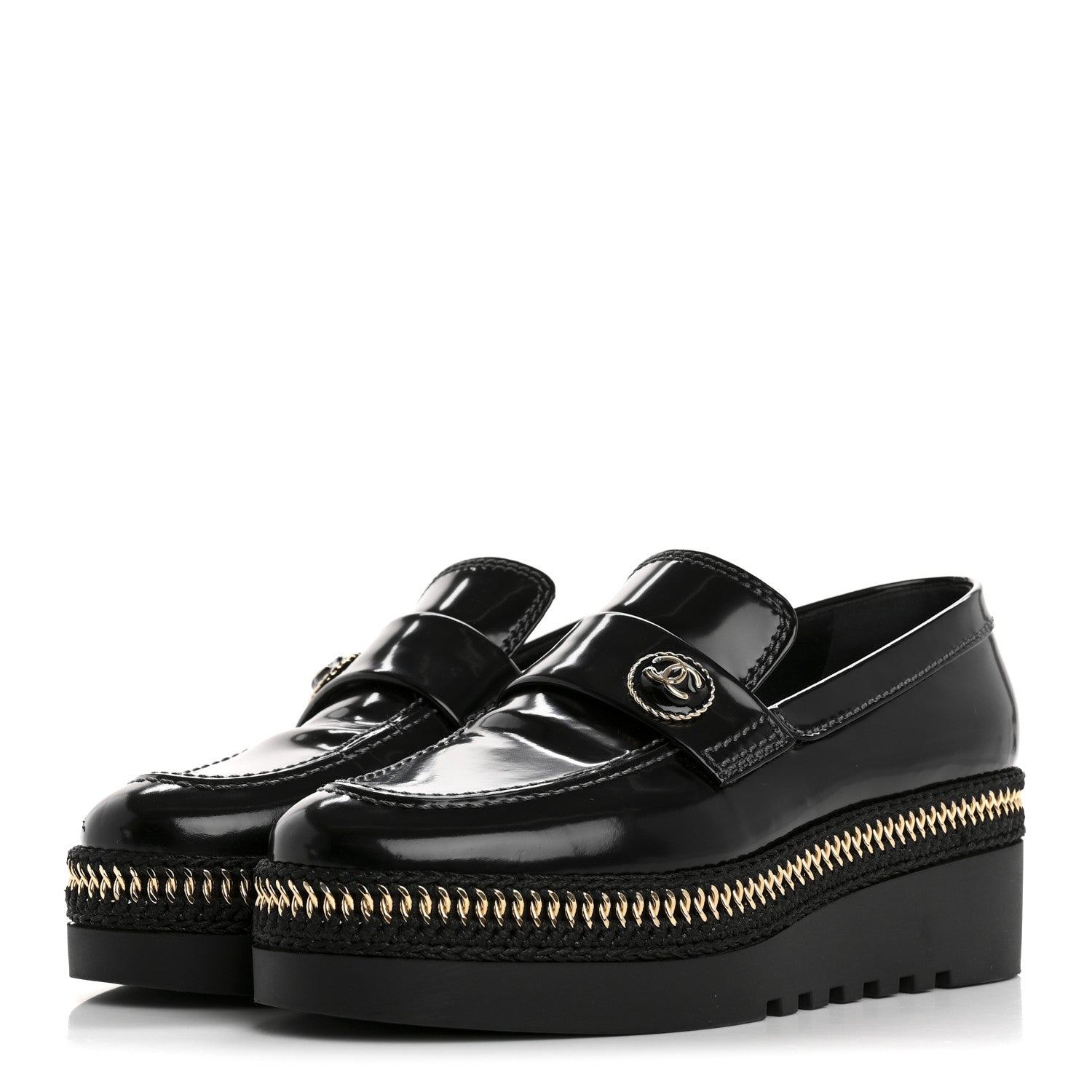 CHANEL CALFSKIN CC PLATFORM LOAFERS BLACK