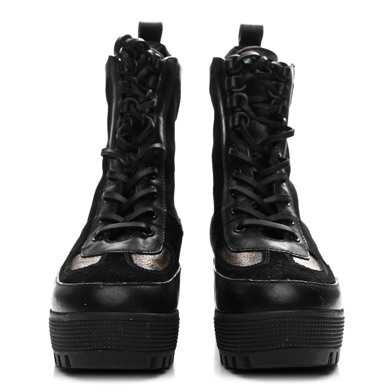 LOUIS VUITTON SUEDE CALFSKIN MONOGRAM LAUREATE PLATFORM DESERT BOOT BLACK WITH LV HEART PATCHES