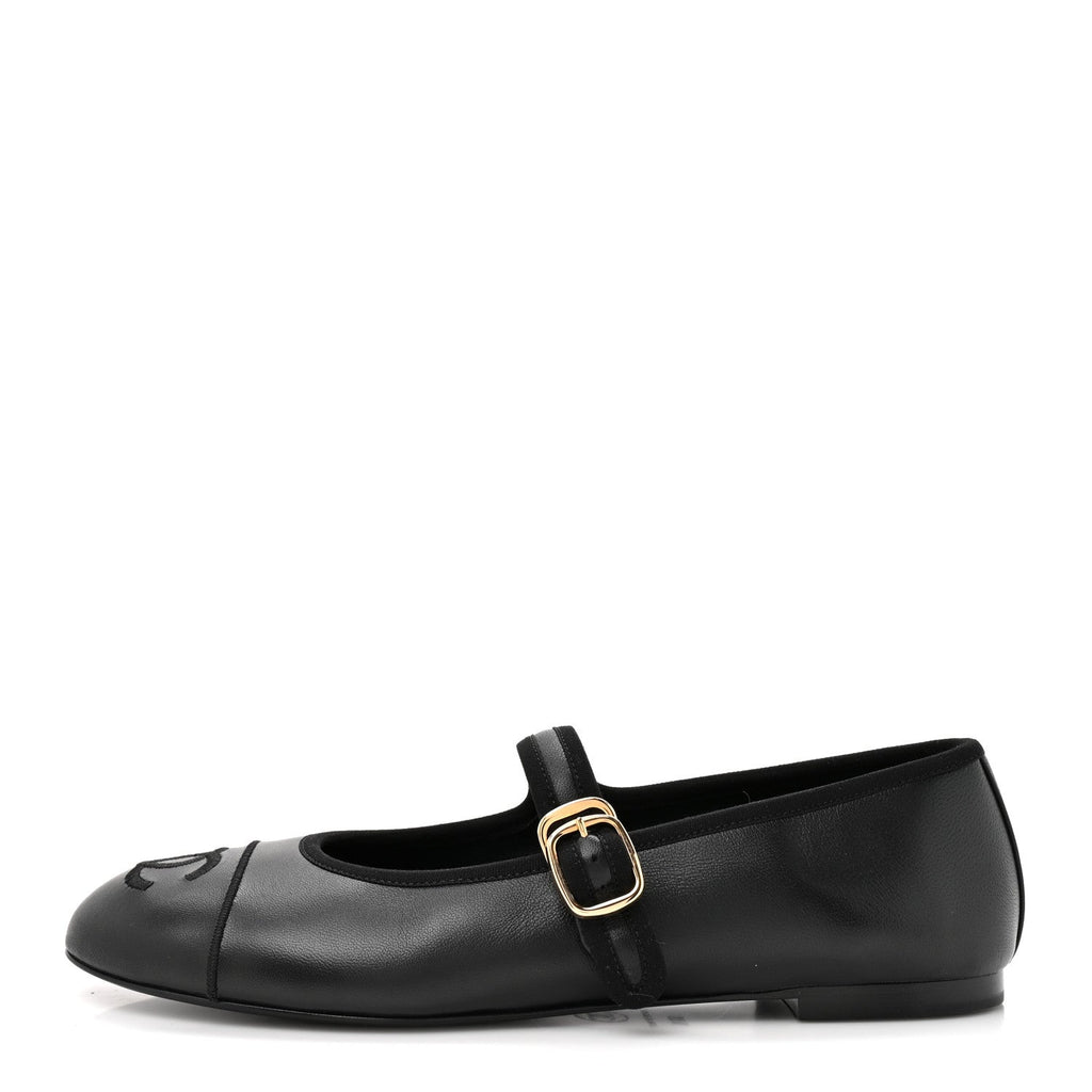CHANEL PEARL STUDDED MARY JANE FLATS LAMBSKIN BLACK