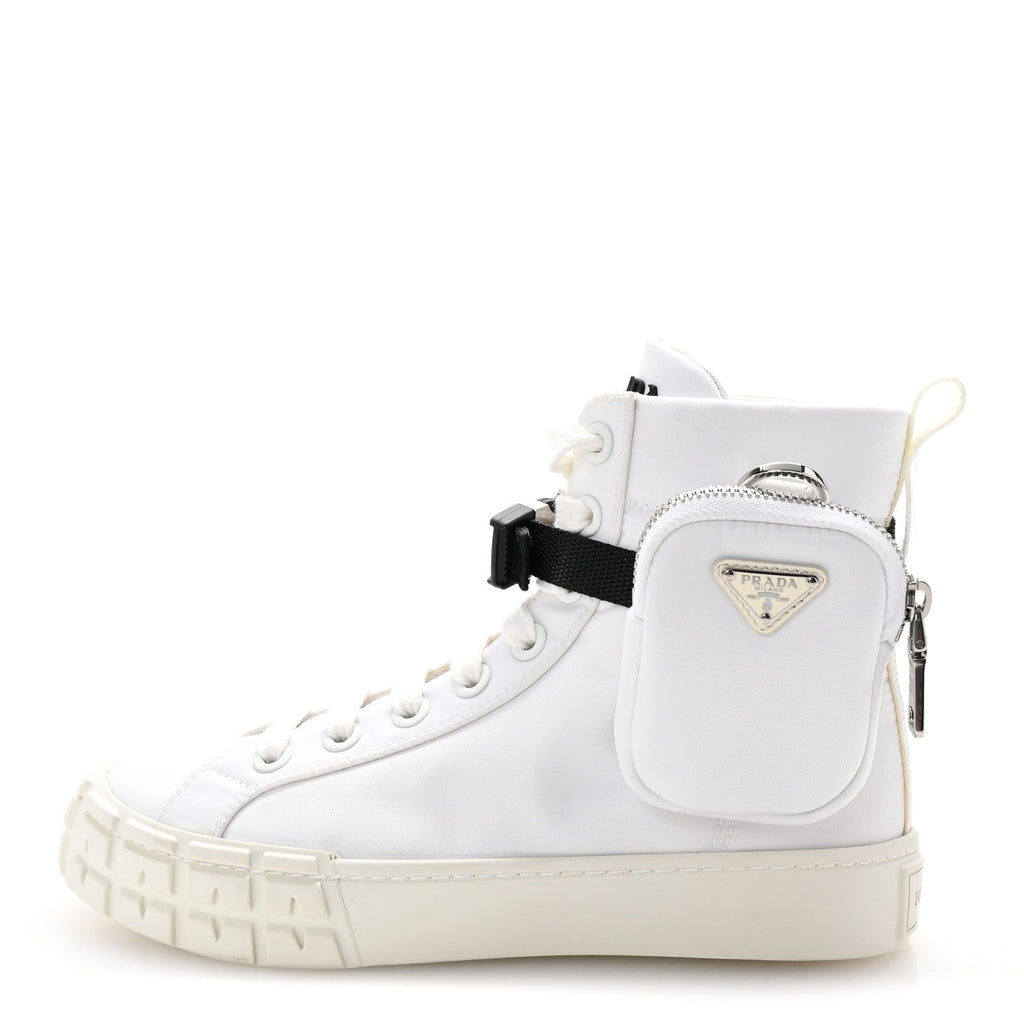 PRADA RE-NYLON GABARDINE TRIANGLE LOGO DOUBLE WHEEL SNEAKERS WHITE