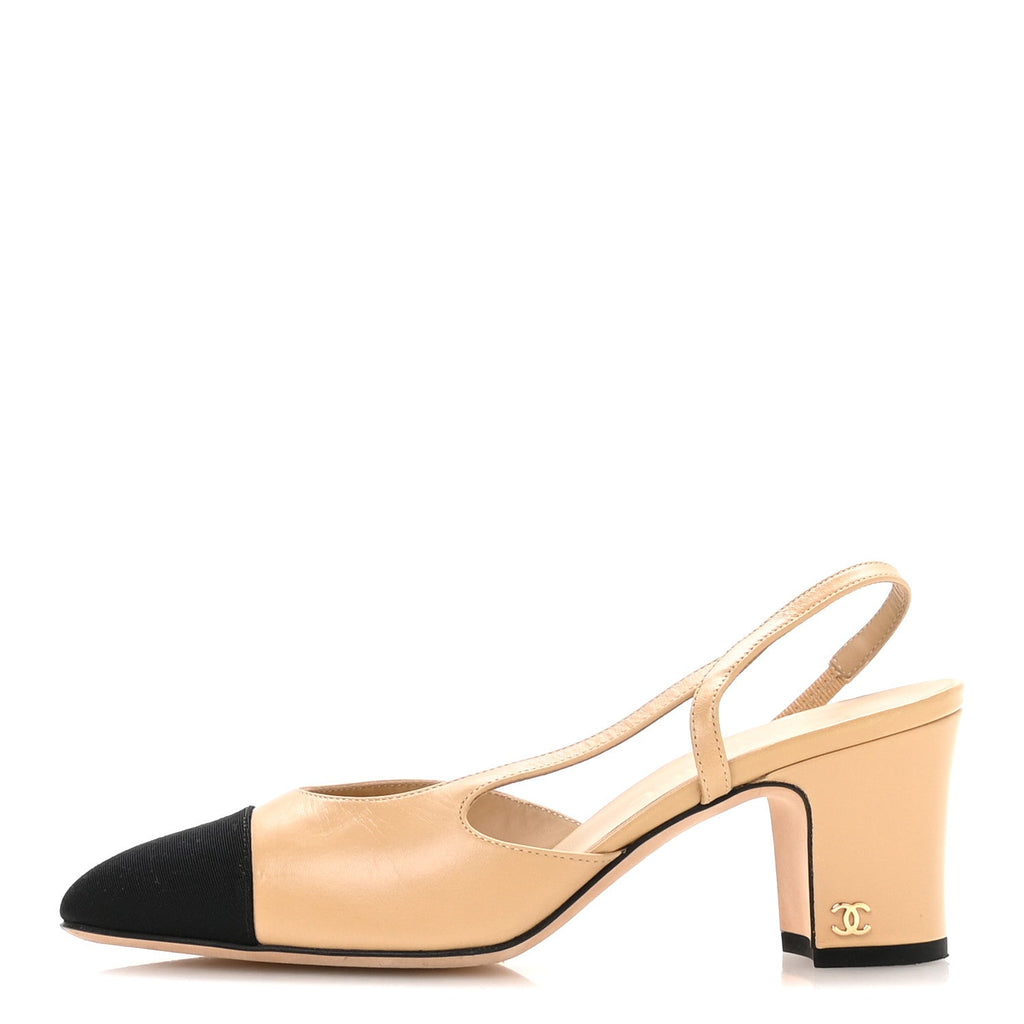 CHANEL GOATSKIN GROSGRAIN CAP TOE CC SLINGBACK PUMP BEIGE BLACK