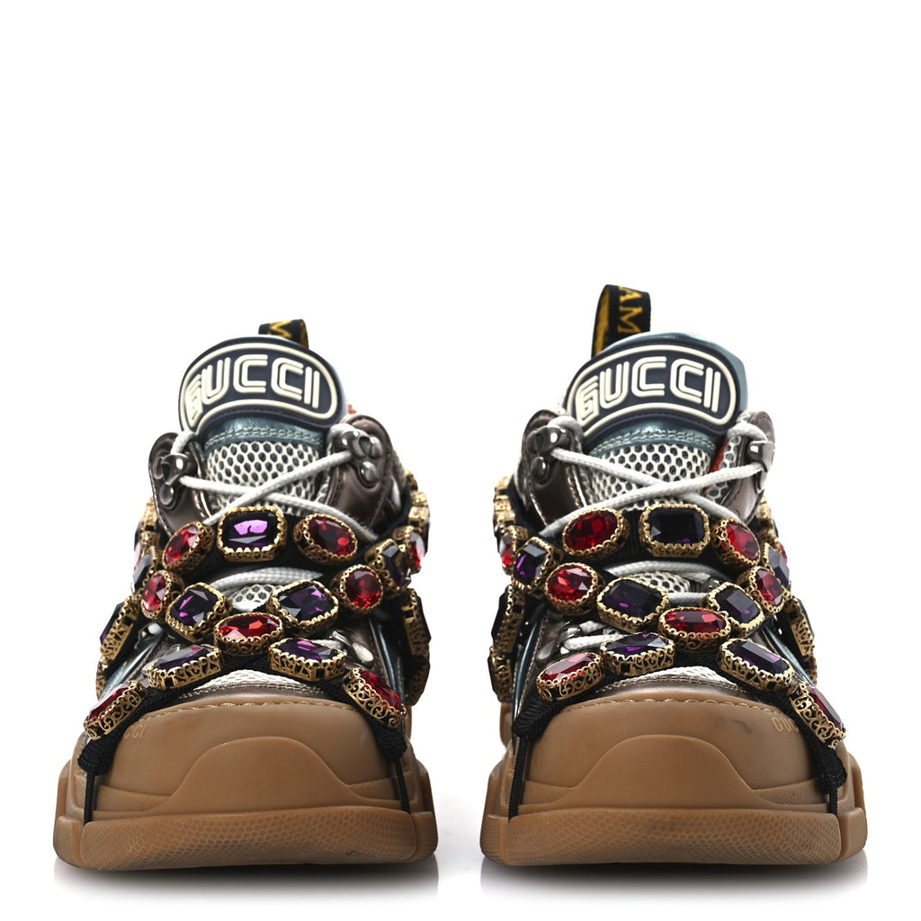 GUCCI FLASHTREK MESH CALFSKIN REMOVABLE CRYSTALS SNEAKERS WHITE