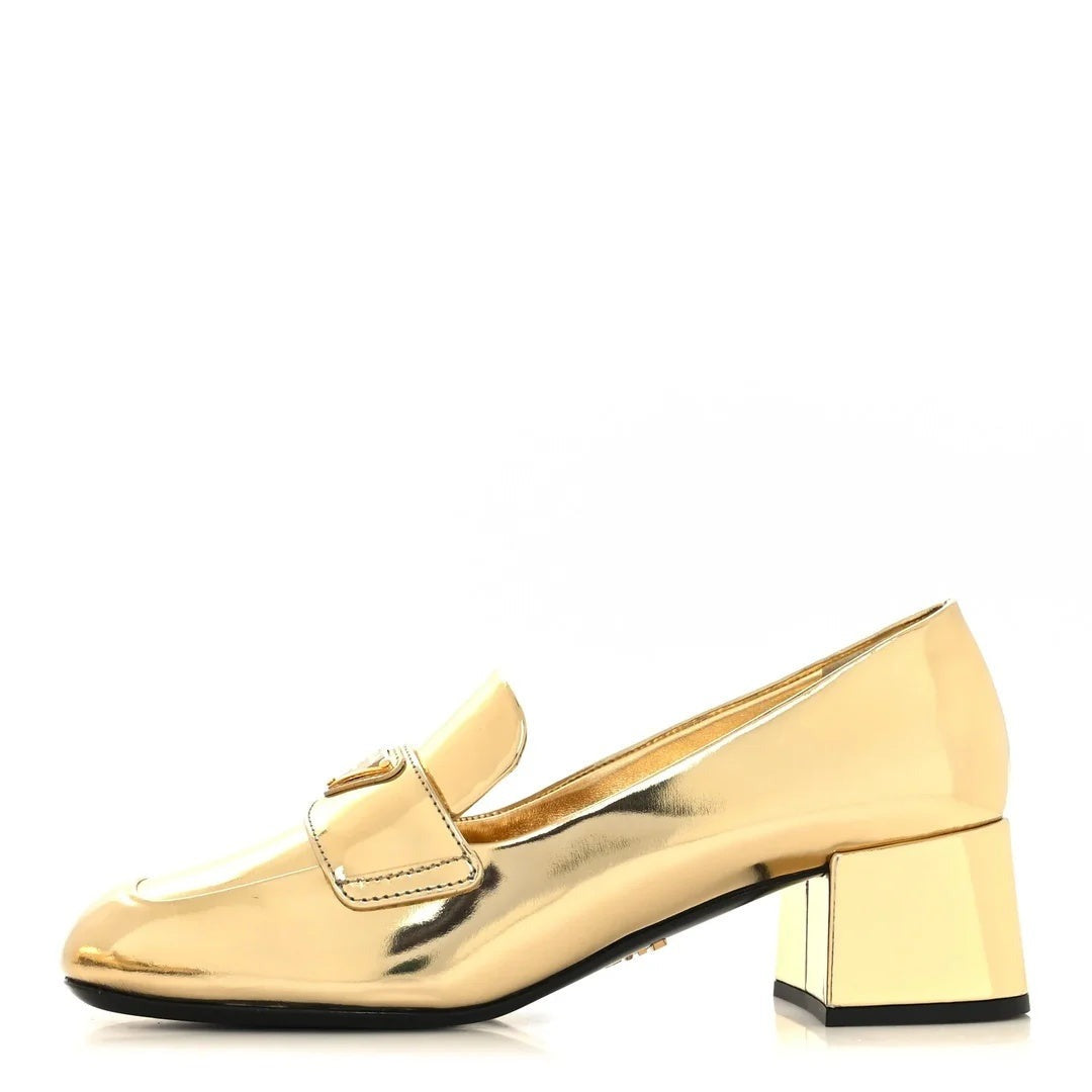 Prada Vernice Metal Triangle Logo Loafer Pumps - Gold