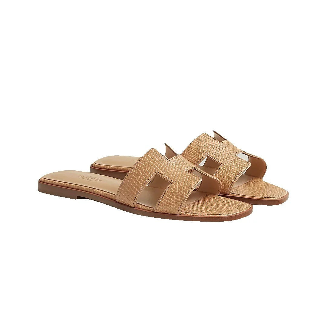 Hermès Hermes Calfskin Canvas Oran Sandal Noisette Beige Dore - Beige/Natural Lizard