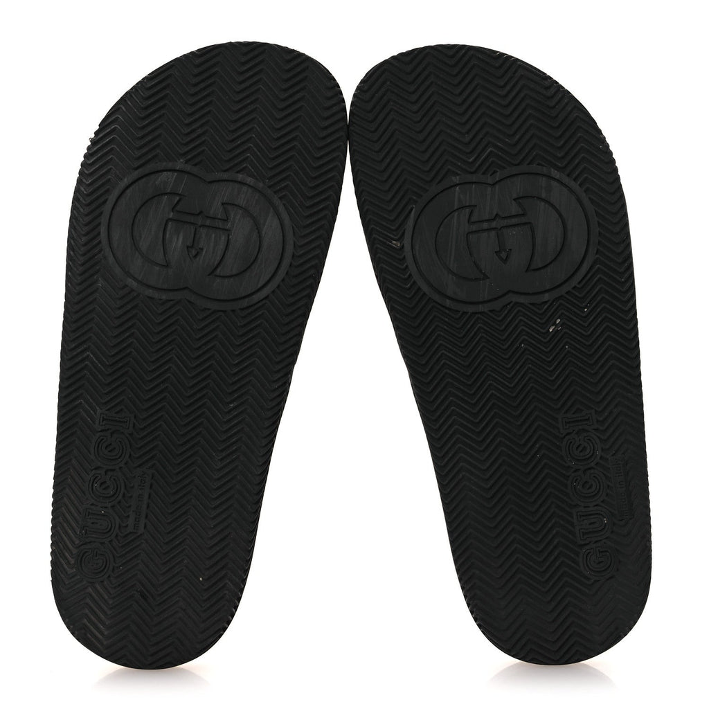 GUCCI RUBBER WEB INTERLOCKING G SLIDE SANDALS BLACK GREEN WHITE