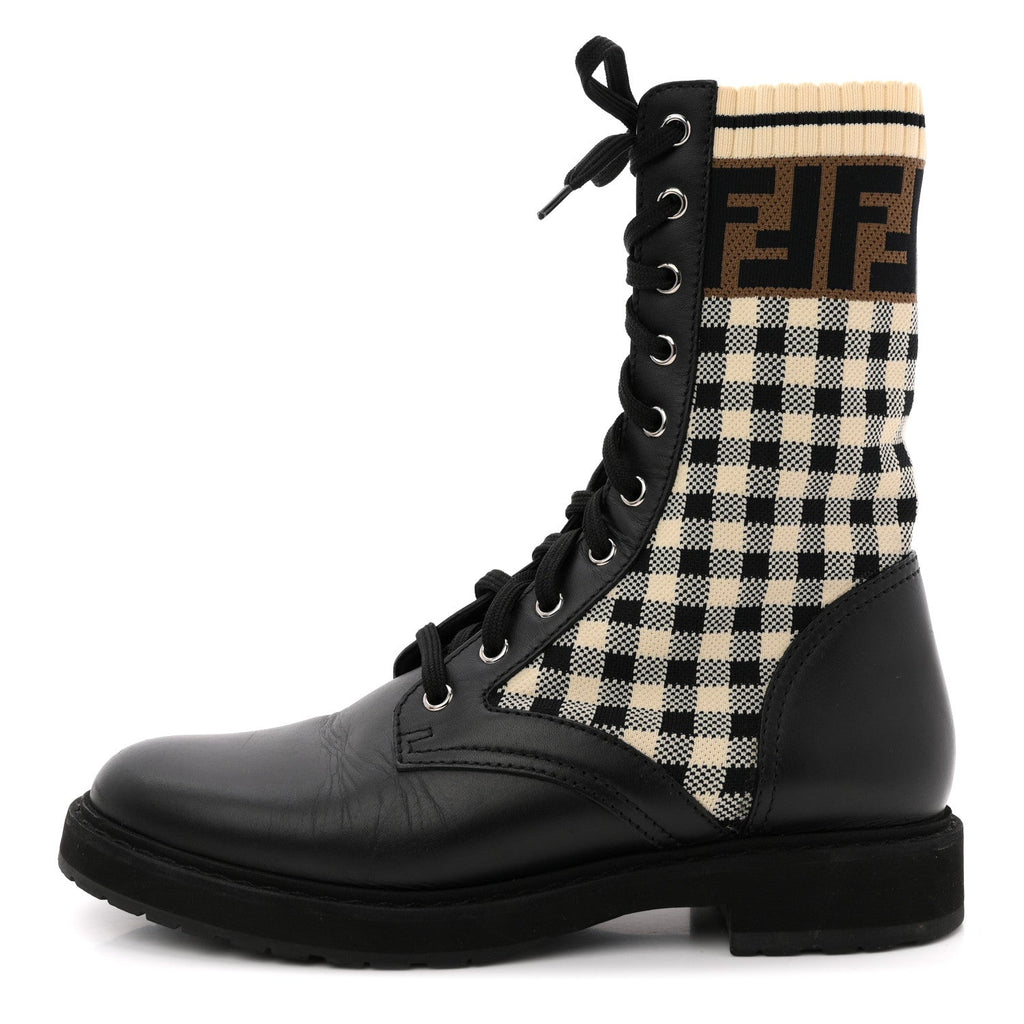 FENDI VITELLO FF VICHY ROCKOKO BIKER BOOT BLACK TOBACCO