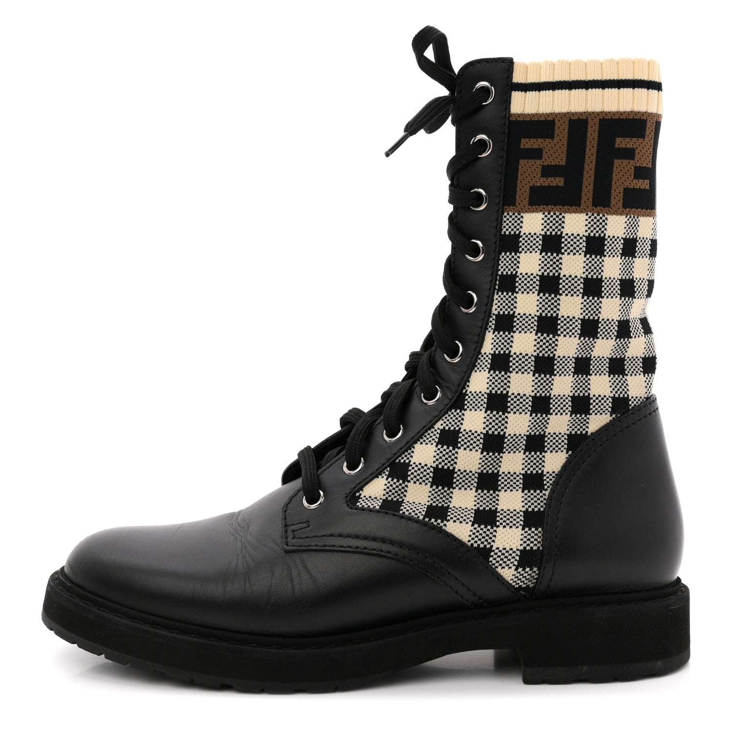 FENDI VITELLO FF VICHY ROCKOKO BIKER BOOT BLACK TOBACCO