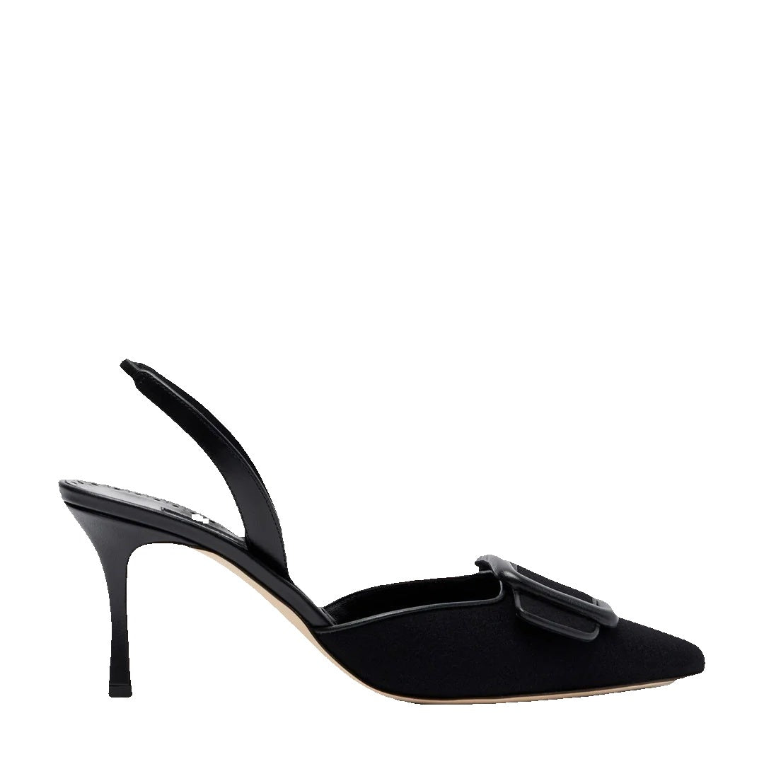 Manolo Blahnik Mayslibi 70 Buckled Leather-Trimmed Velvet Slingback Pumps - Black