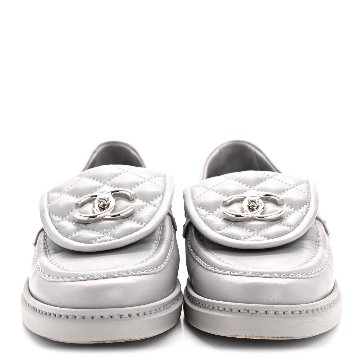 CHANEL CC TURNLOCK LOAFERS QUILTED LEATHER GREY SHW