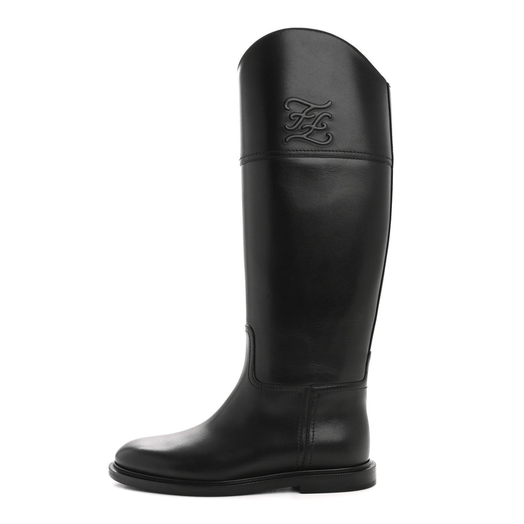 FENDI VITELLO KARLIGRAPHY EMBOSSED TALL RIDING BOOT BLACK