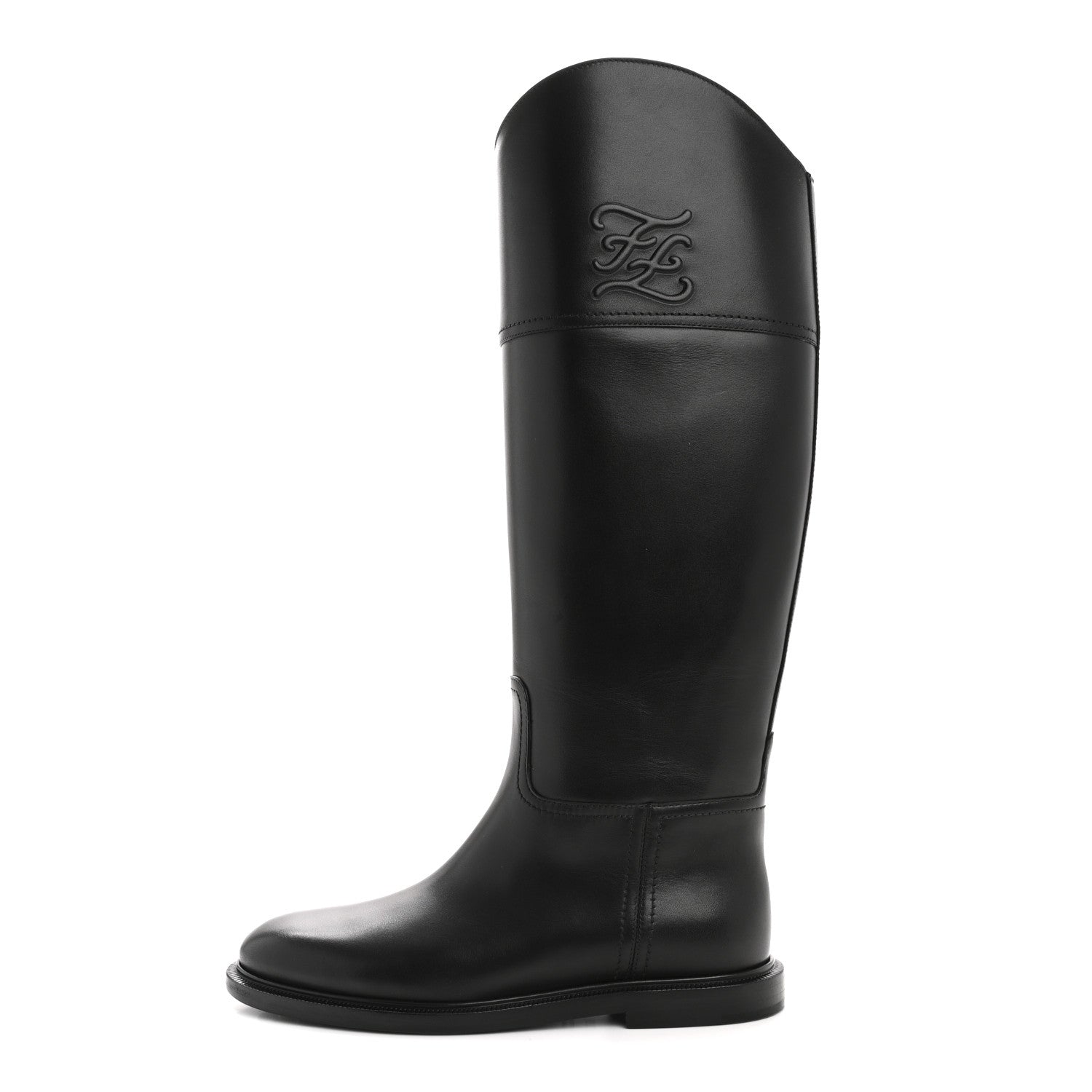 FENDI VITELLO KARLIGRAPHY EMBOSSED TALL RIDING BOOT BLACK