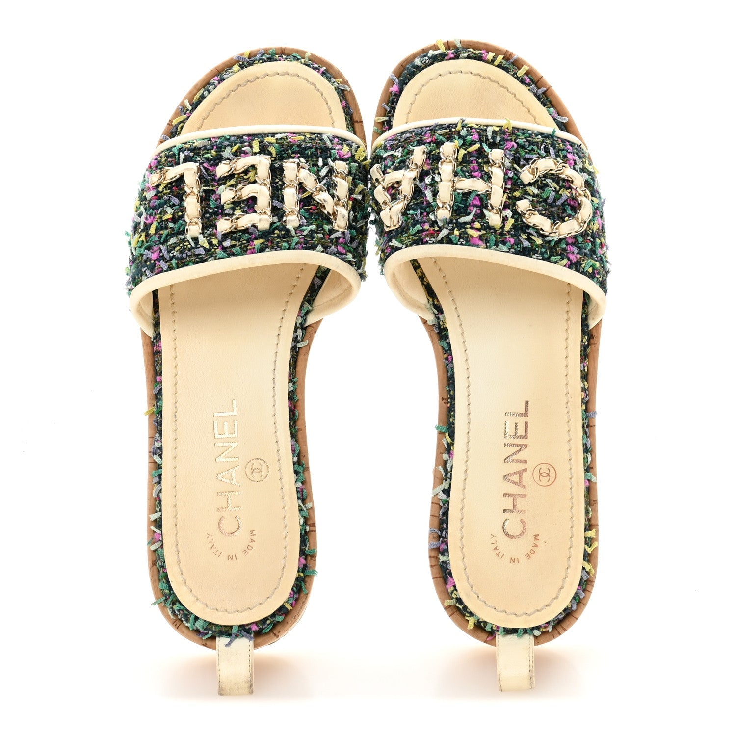 CHANEL TWEED CORK CC CHAIN MULE SANDAL WHITE