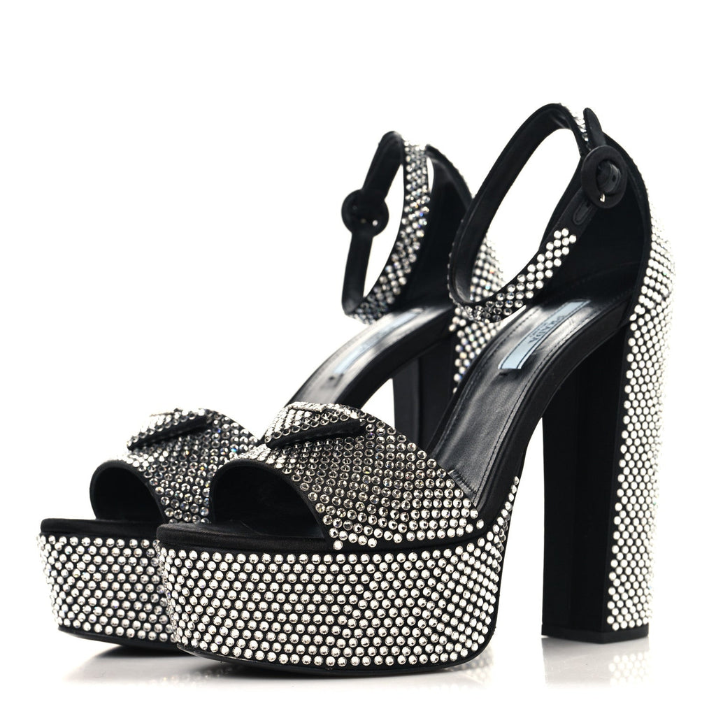 PRADA SATIN CRYSTAL TRIANGLE LOGO PLATFORM SANDALS CRISTAL YELLOW