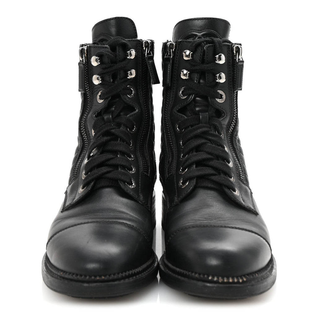 CHANEL QUILTED LACE UP COMBAT BOOTS CALFSKIN BLACK SHW