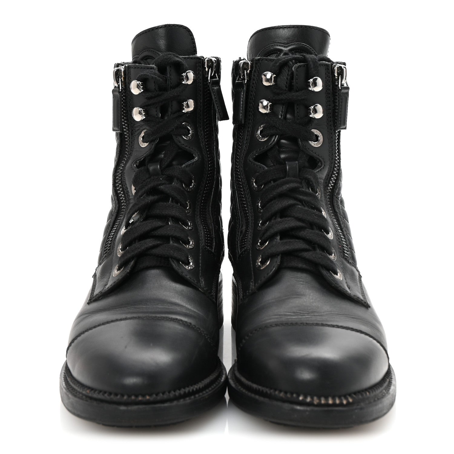 CHANEL QUILTED LACE UP COMBAT BOOTS CALFSKIN BLACK SHW