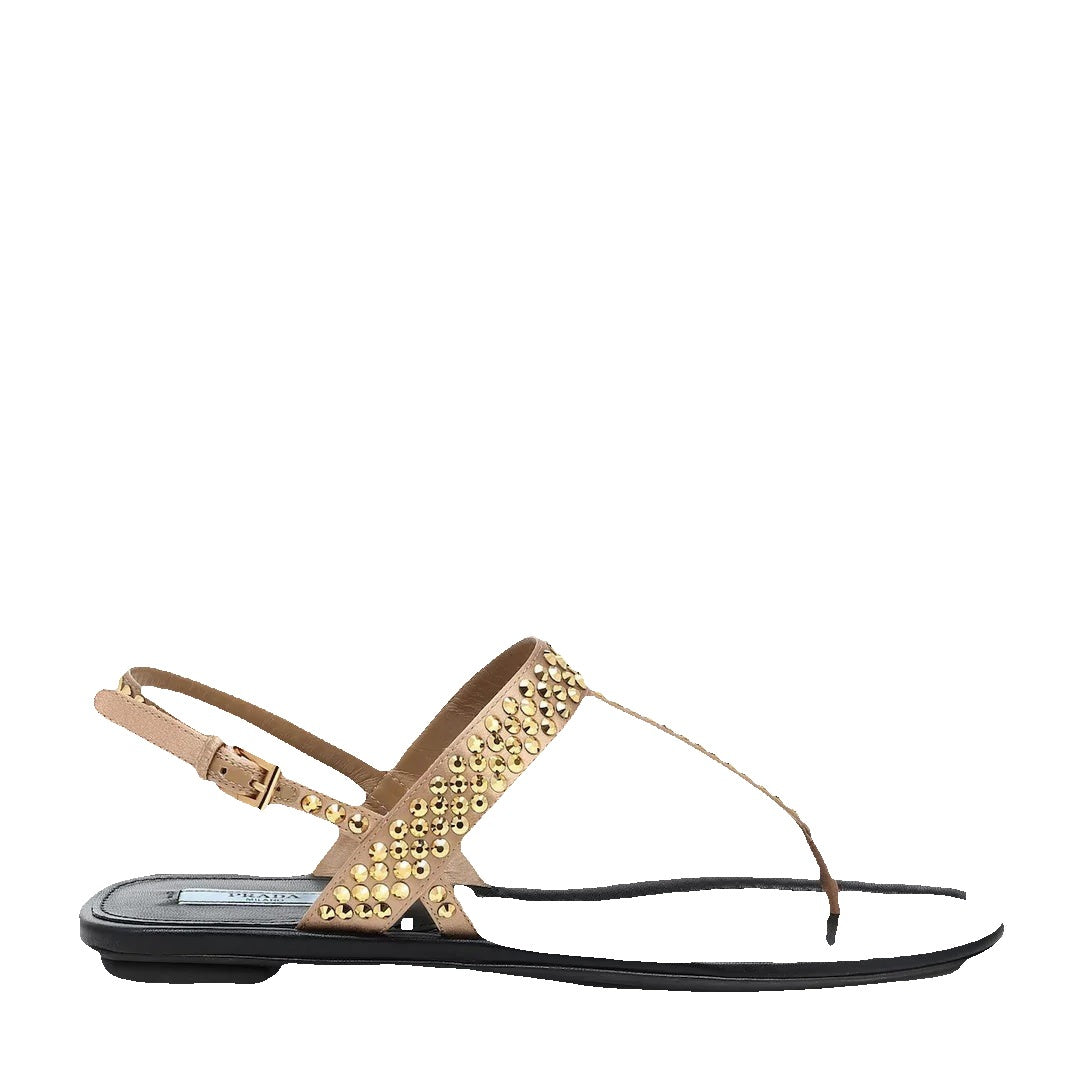 Prada Leather Sandals Block Heel Open Toe - Beige/Gold Studded