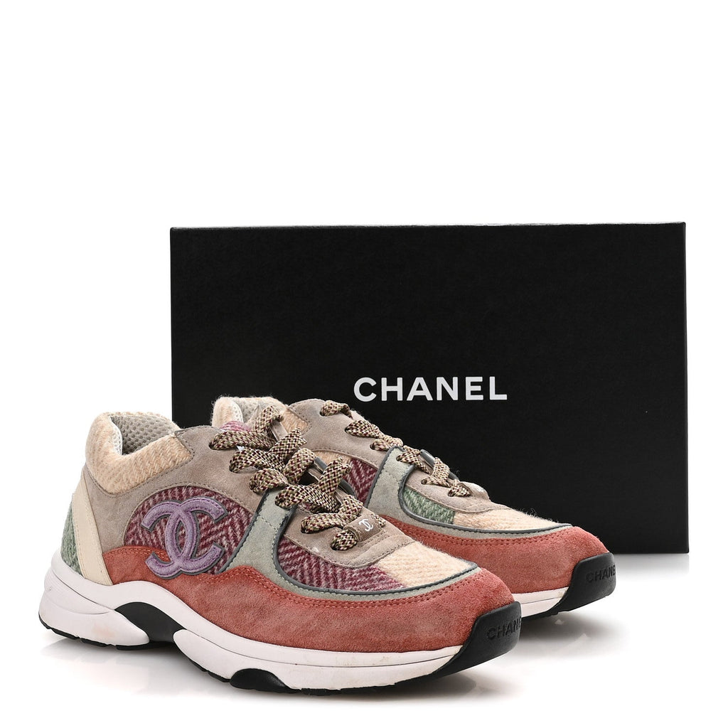 CHANEL FABRIC SUEDE CALFSKIN CC SNEAKERS PINK BEIGE WHITE & MULTICOLOR RAINBOW