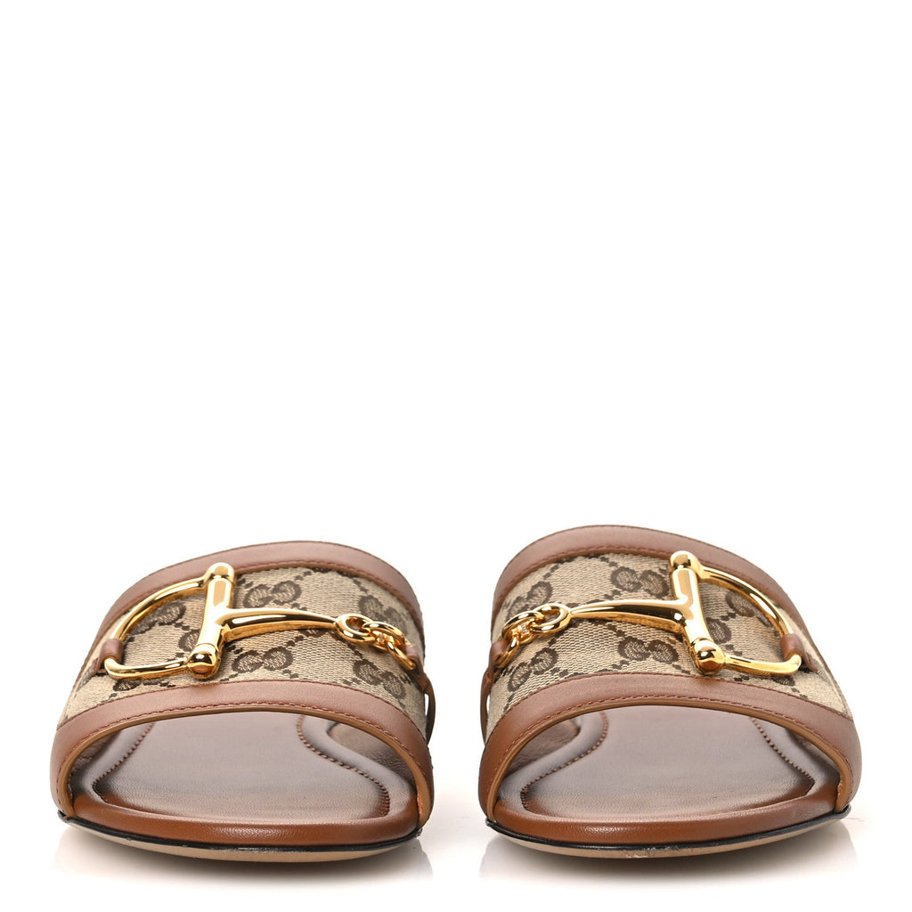 GUCCI HORSEBIT SLIDE SANDALS BEIGE & EBONY GG