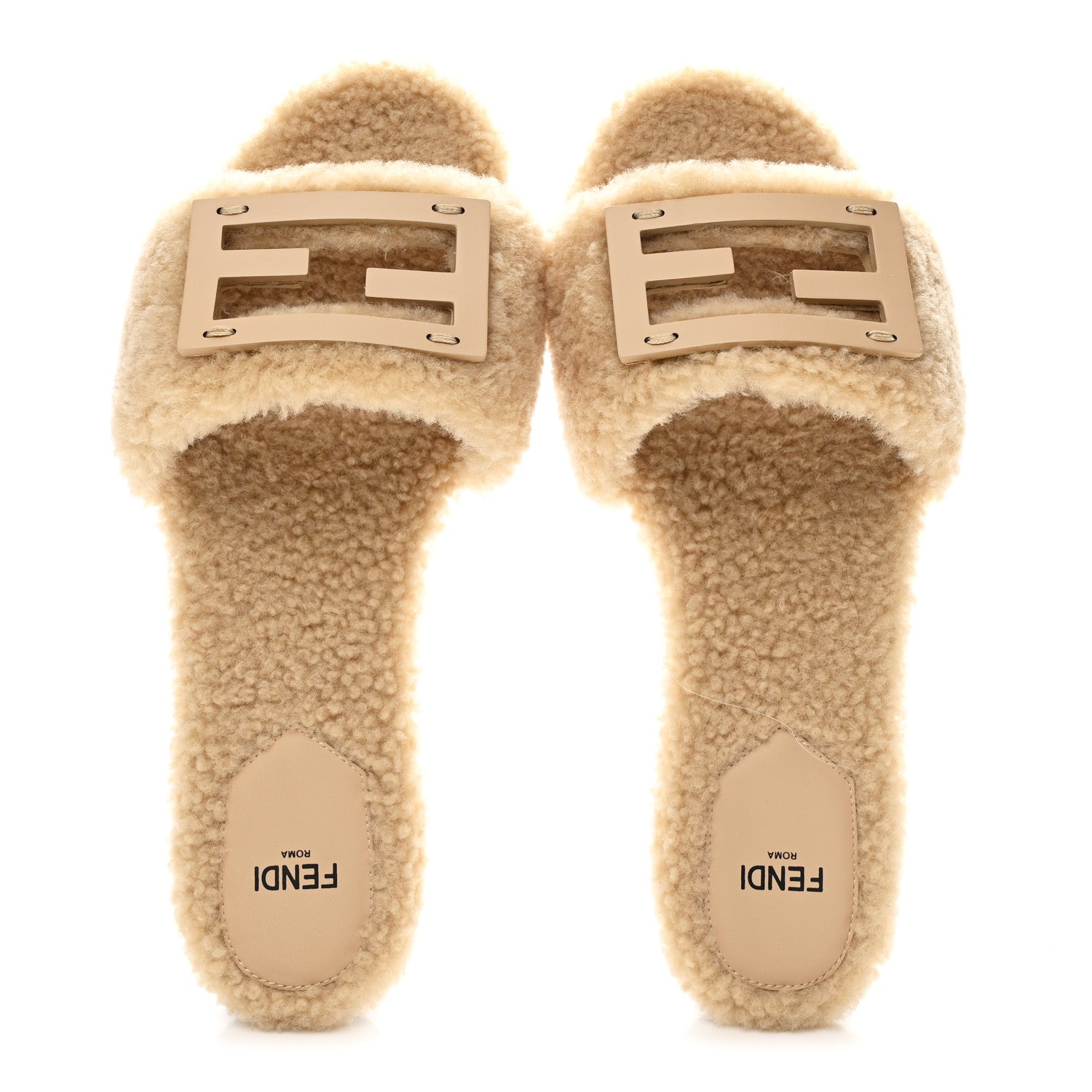 FENDI SHEARLING FF BAGUETTE SLIDE SANDAL BEIGE NATURALE BEIGE