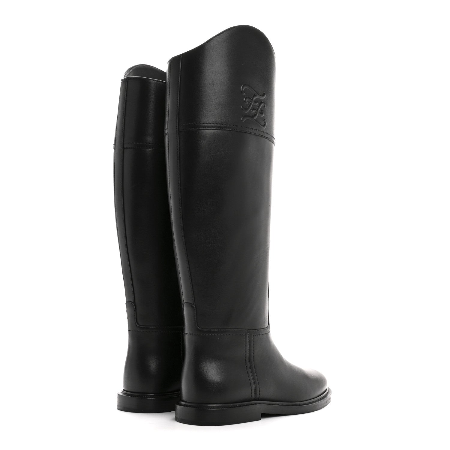 FENDI VITELLO KARLIGRAPHY EMBOSSED TALL RIDING BOOT BLACK