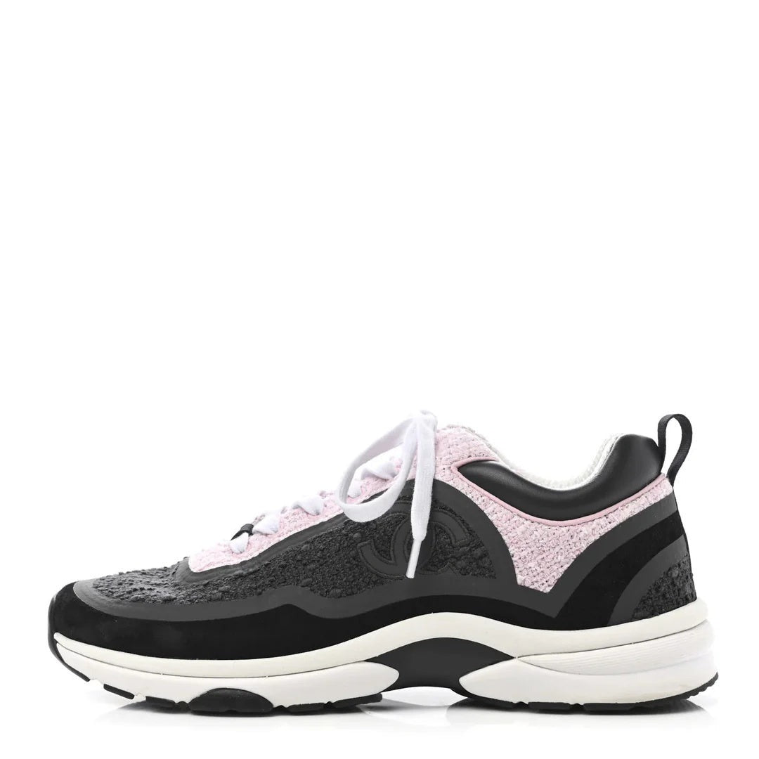 Chanel Tweed Suede Calfskin CC Sneakers - Pink/Black