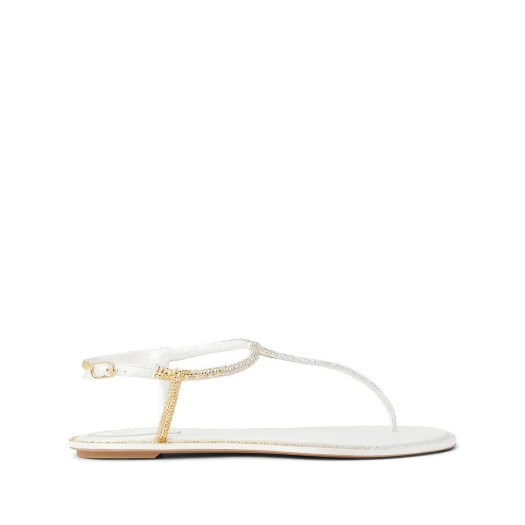 René Caovilla Diana 10 Crystal Flat Sandal - White/Gold