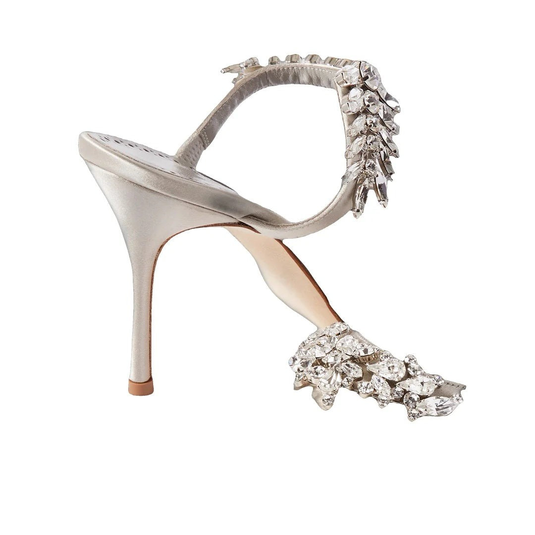 Manolo Blahnik Lurum 90 Embellished Satin Mules - Silver/Champagne