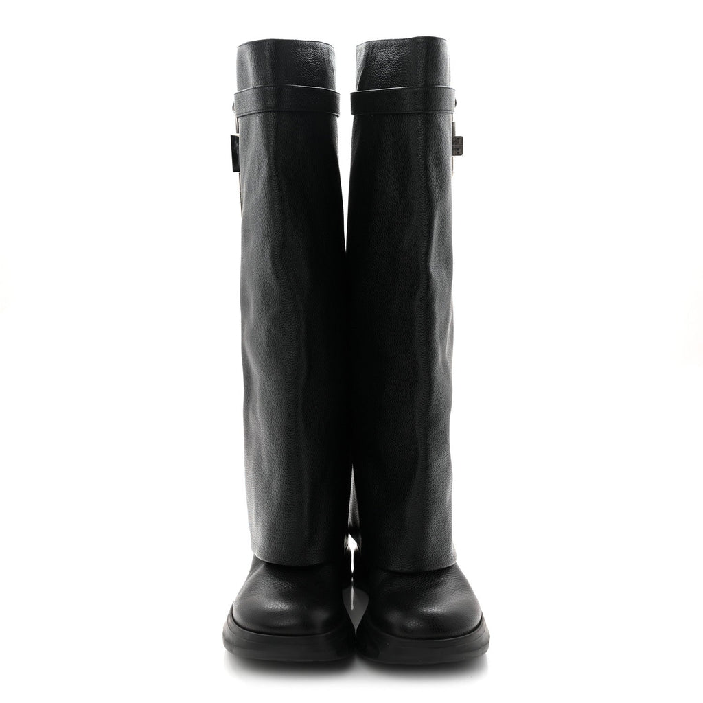 GIVENCHY GRAINED CALFSKIN SHARK LOCK BIKER KNEE BOOT BLACK SMOOTH LEATHER
