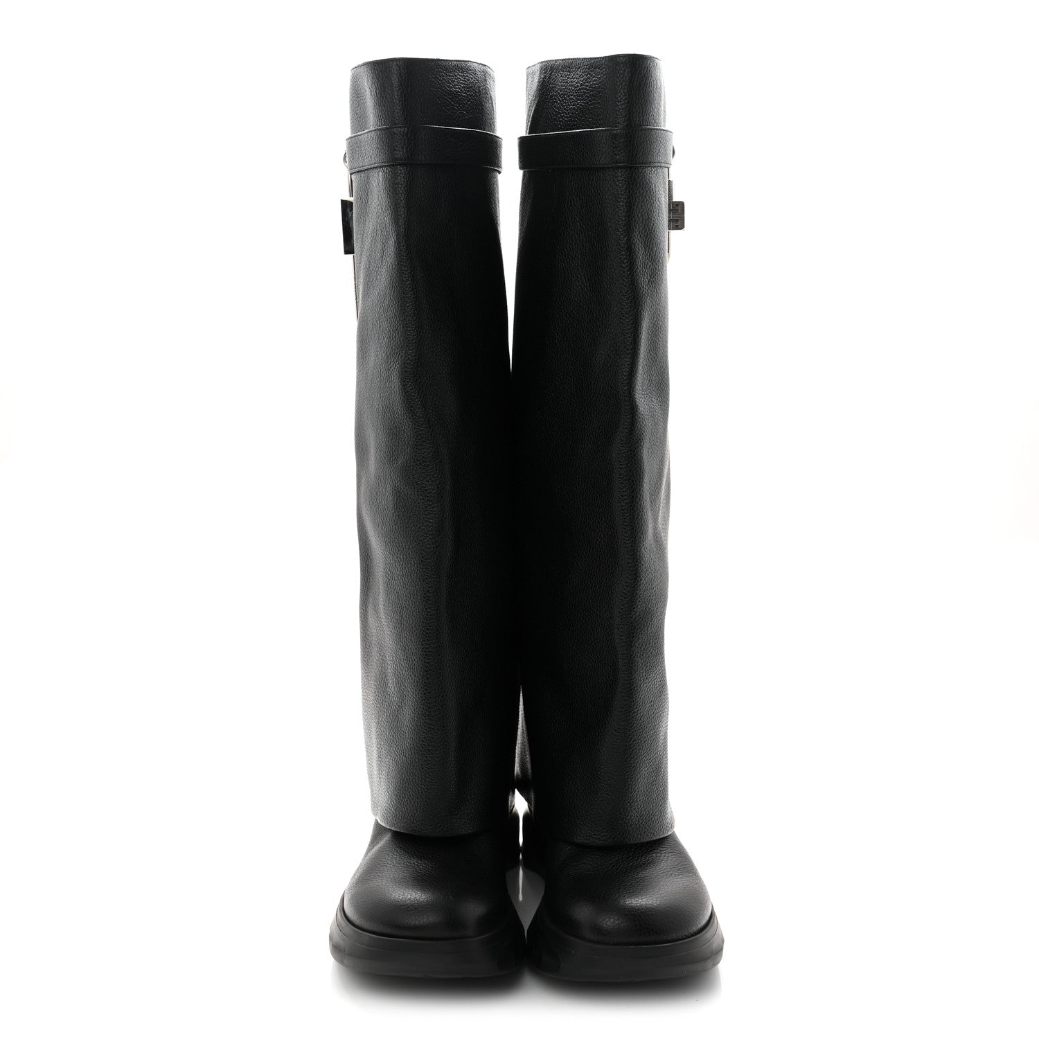 GIVENCHY GRAINED CALFSKIN SHARK LOCK BIKER KNEE BOOT BLACK SMOOTH LEATHER