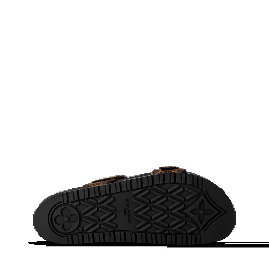 Louis Vuitton Monogram Denim Bom Dia Flat Mule Sandal - Black/Brown (sole view)
