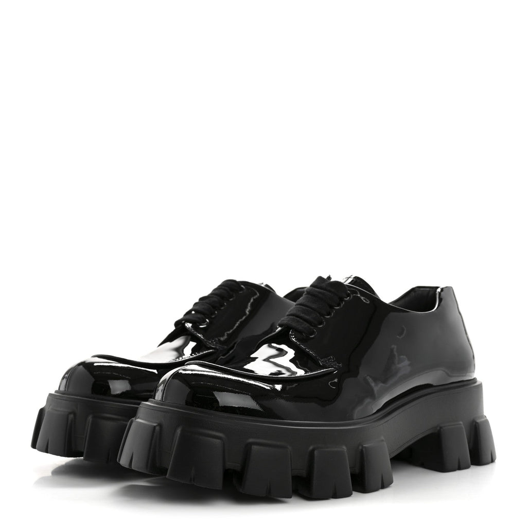PRADA MONOLITH DERBY LOAFERS BLACK PATENT BLACK