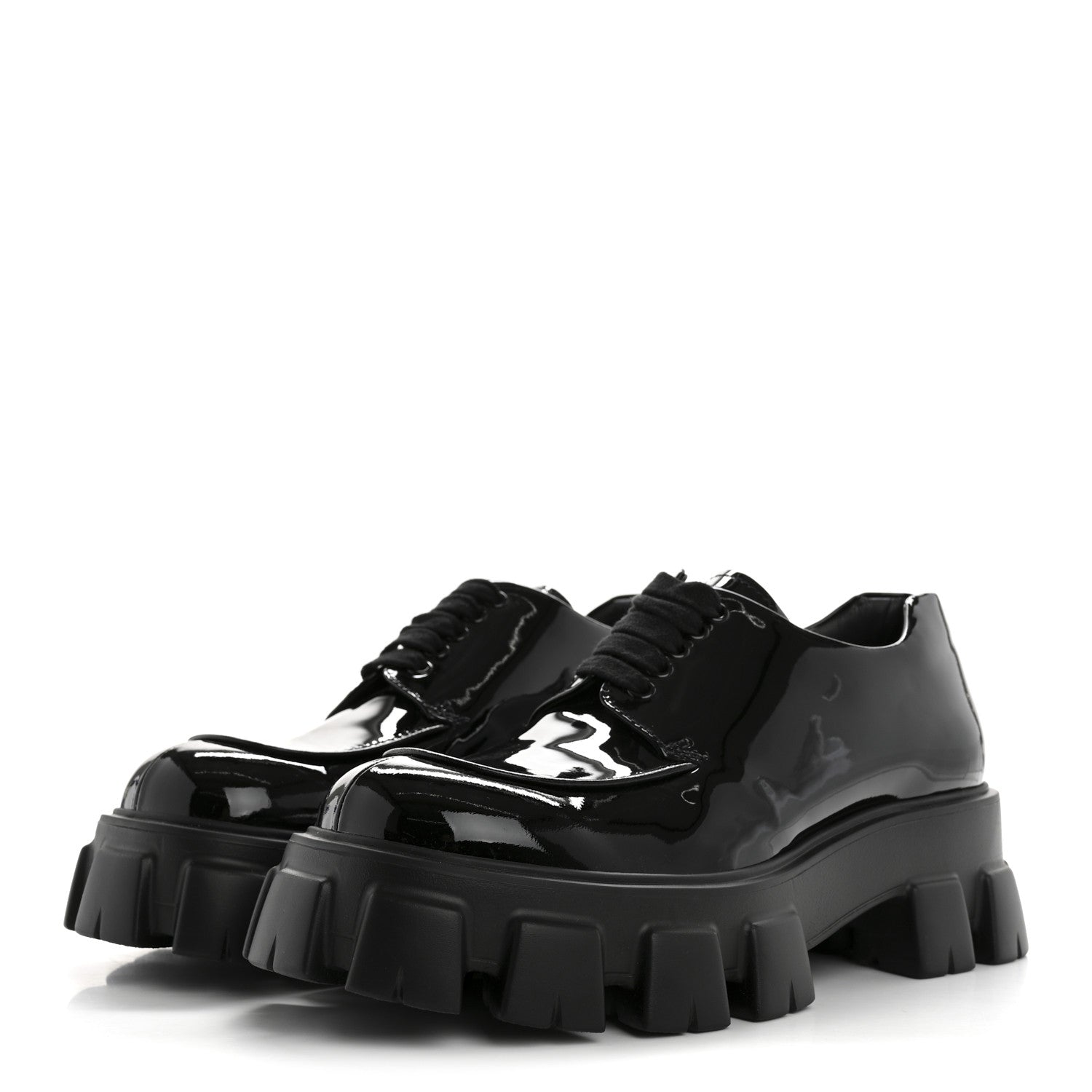 PRADA MONOLITH DERBY LOAFERS BLACK PATENT BLACK