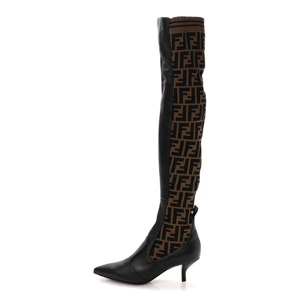 FENDI FF ROCKOKO NAPPA MICROFIBER THIGH HIGH BOOT EBANO TOBACCO