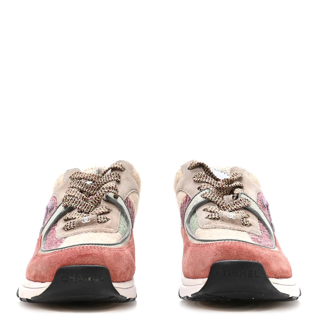 CHANEL FABRIC SUEDE CALFSKIN CC SNEAKERS PINK BEIGE WHITE & MULTICOLOR RAINBOW