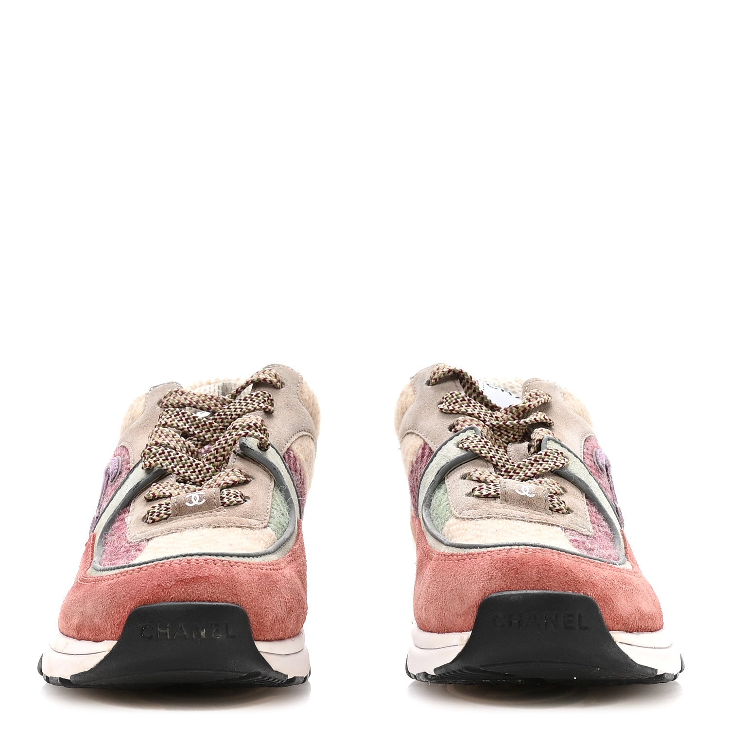 CHANEL FABRIC SUEDE CALFSKIN CC SNEAKERS PINK BEIGE WHITE & MULTICOLOR RAINBOW