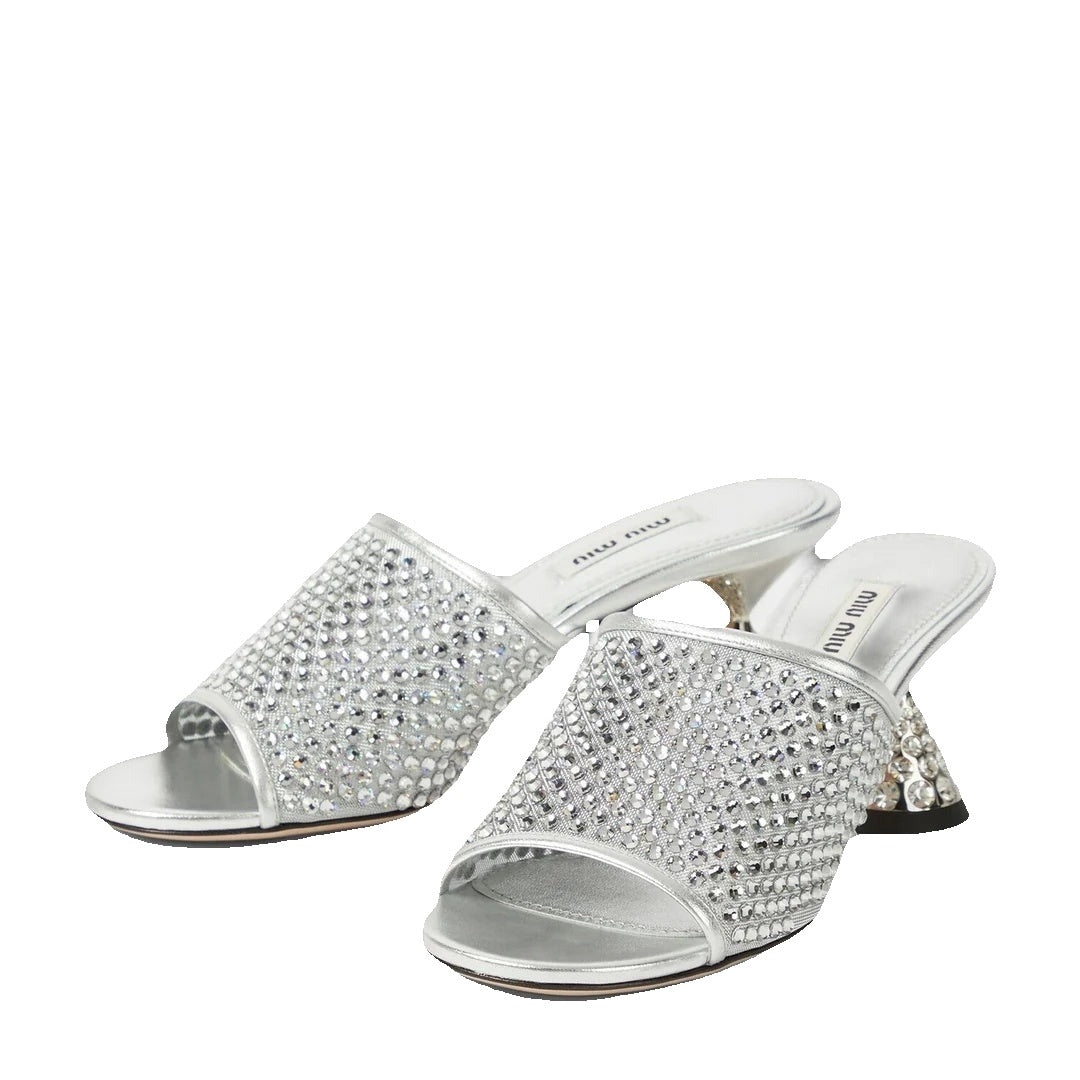 Miu Miu Vitello Crystal Flat Sandal - Silver