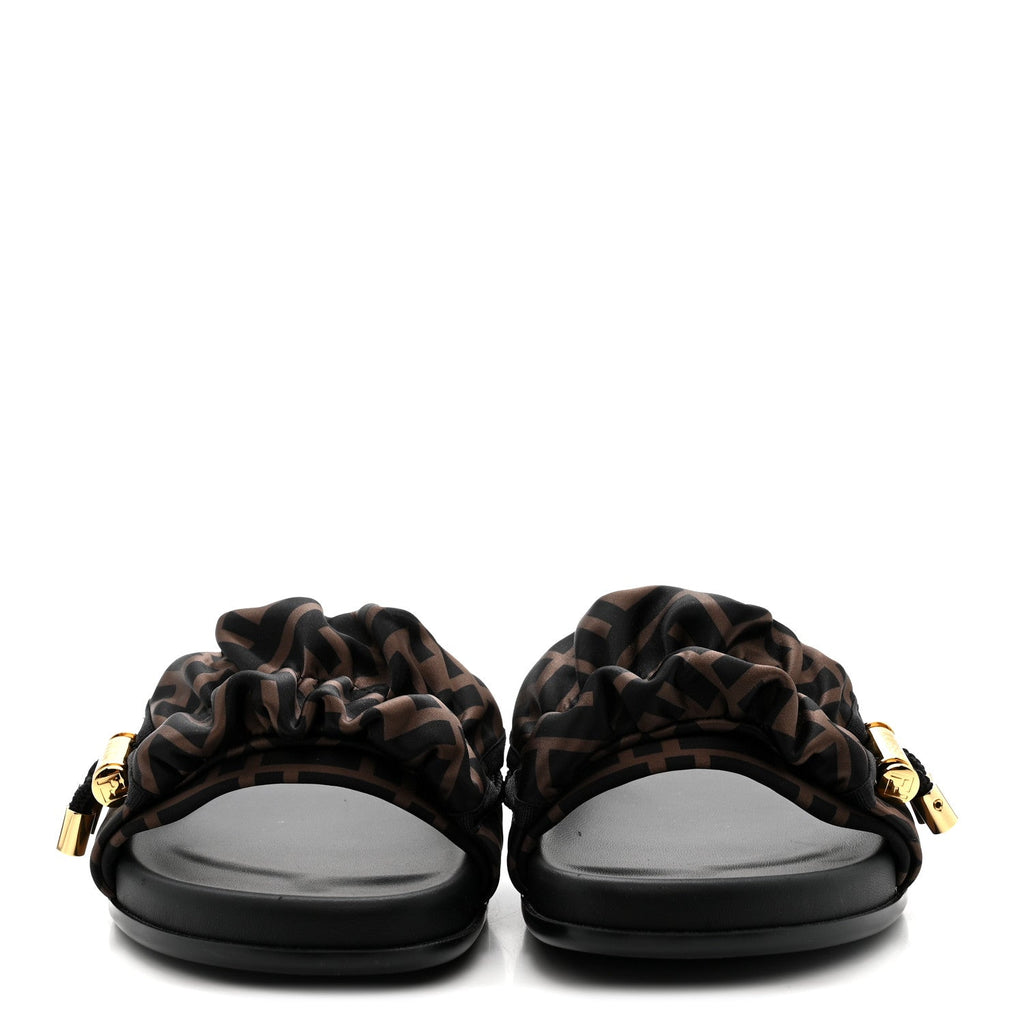 FENDI FEEL SATIN SLIDE SANDALS BLACK & WHITE