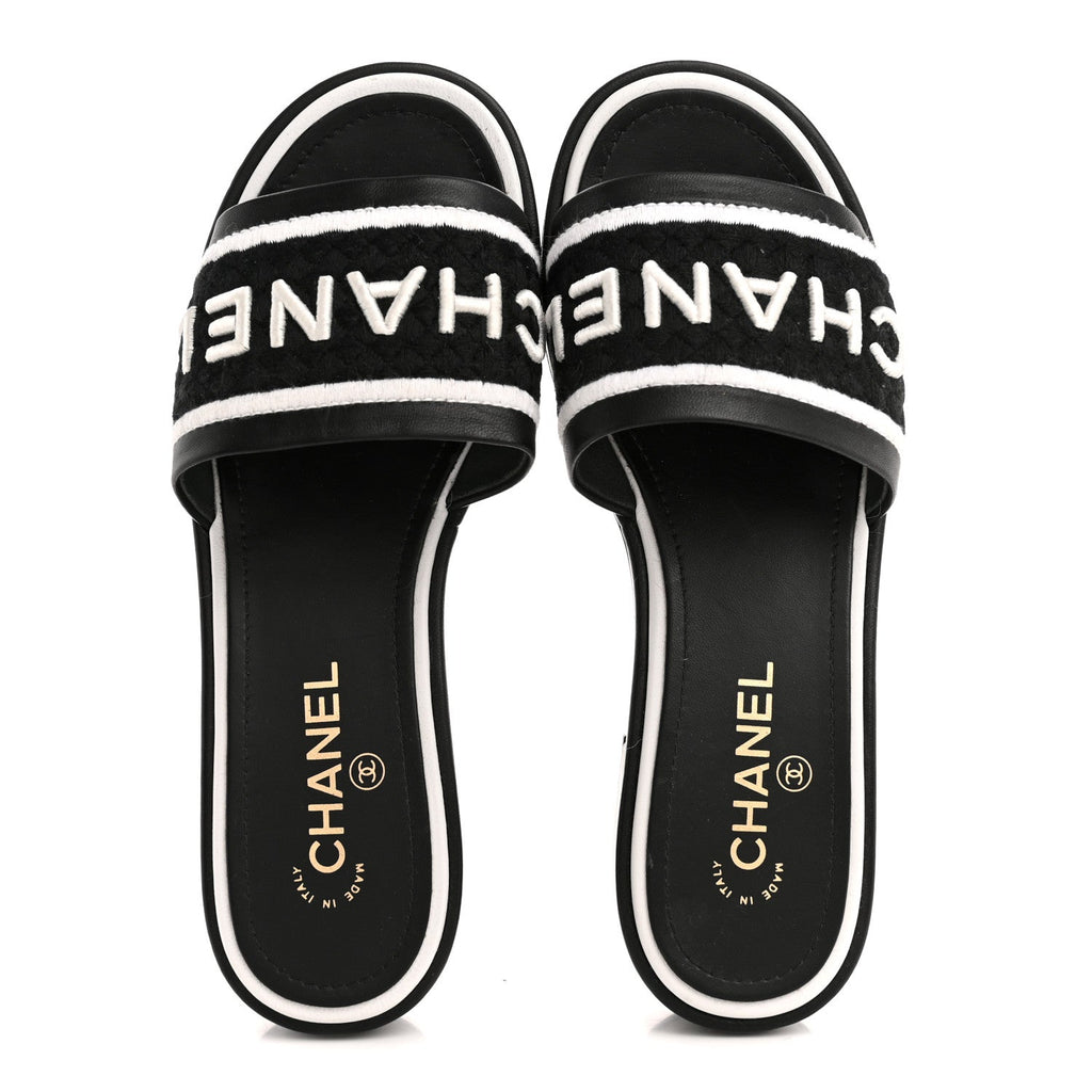 CHRISTIAN DIOR CANVAS EMBROIDERED DWAY MULE SLIDE SANDAL BLACK & WHITE