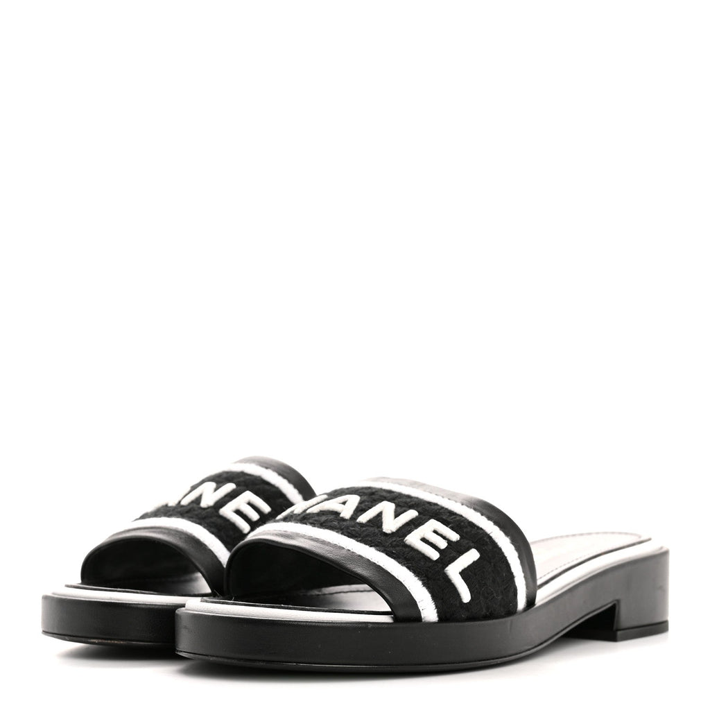 CHRISTIAN DIOR CANVAS EMBROIDERED DWAY MULE SLIDE SANDAL BLACK & WHITE