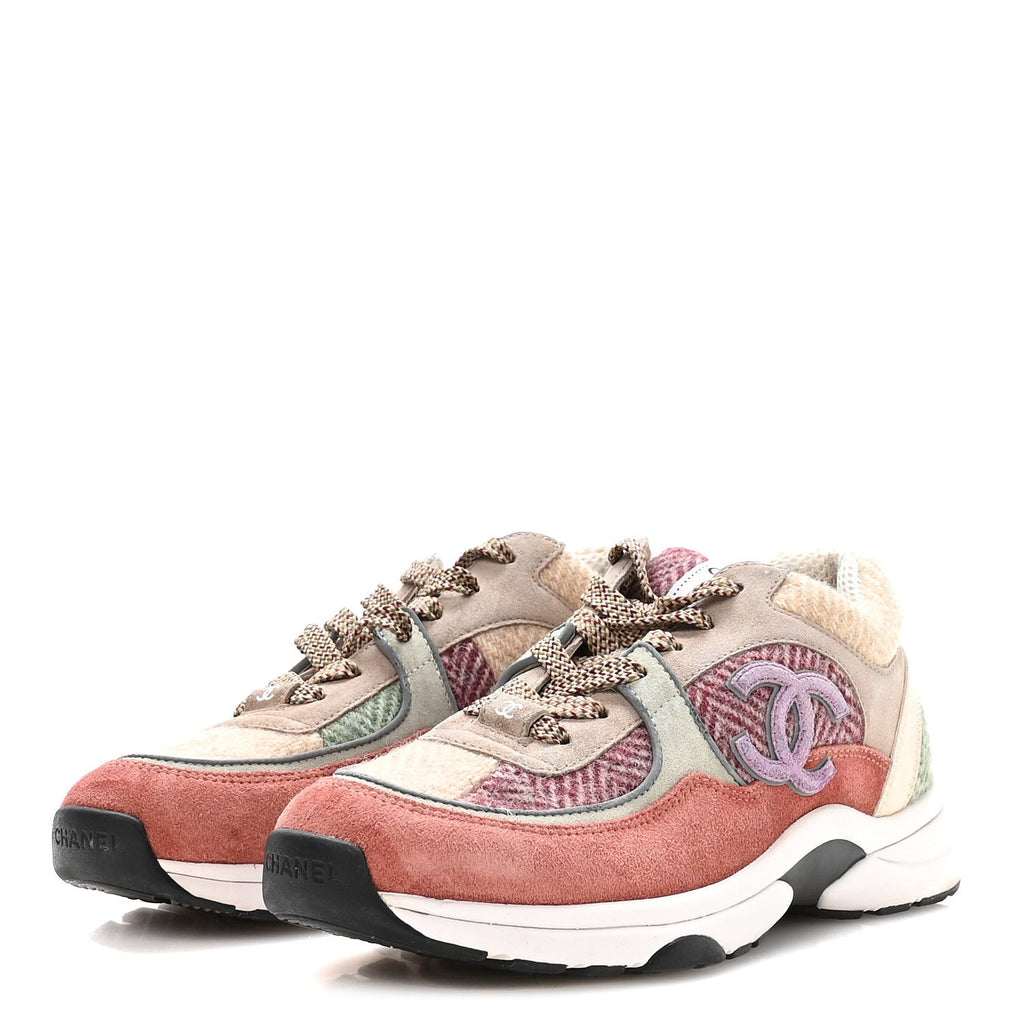 CHANEL FABRIC SUEDE CALFSKIN CC SNEAKERS PINK BEIGE WHITE & MULTICOLOR RAINBOW